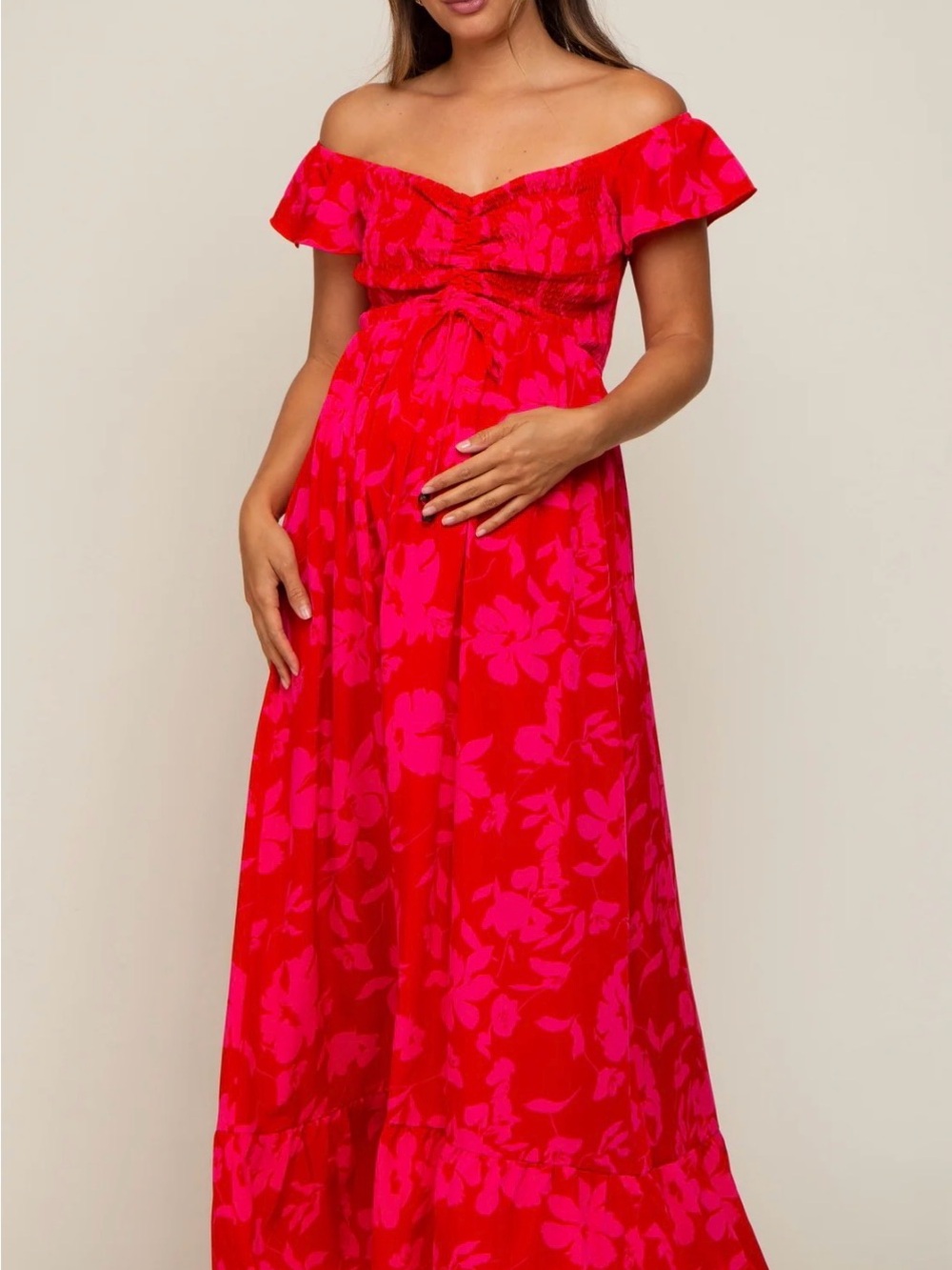 Pinkblush Off-Shoulder Maternity Hot Pink Floral Maxi casual and formal Dress